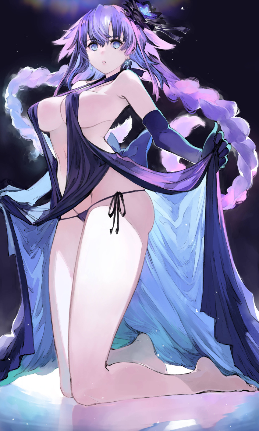 1girl absurdres armpits aurora backless_dress backless_outfit bare_shoulders barefoot blue_eyes braid breasts choujigen_game_neptune clothes_lift commission dress earrings elbow_gloves feet from_below gloves hair_ornament highres houden_eizou jewelry kneeling long_hair looking_at_viewer medium_breasts navel neptune_(series) night night_sky outdoors panties purple_dress purple_eyes purple_heart revealing_clothes ribbon side-tie_panties sideboob skeb_commission skirt skirt_lift sky solo twin_braids two-sided_fabric underwear very_long_hair