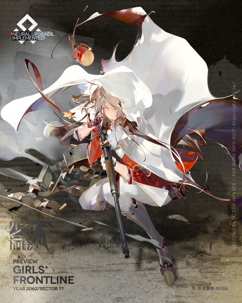 1girl ammunition_belt aqua_eyes artist_request bangs black_footwear bolt_action boots brown_hair bullet cape character_name cloak copyright_name full_body girls'_frontline gloves gun hair_over_one_eye high_heel_boots high_heels highres holding holding_gun holding_weapon hood hood_up hooded_cape hooded_cloak jacket lee-enfield lee-enfield_(girls'_frontline) long_hair looking_at_viewer metal_boots military military_uniform mod3_(girls'_frontline) official_art one_knee open_mouth pants parted_lips promotional_art red_jacket rifle shell_casing simple_background solo thighs uniform weapon white_cape white_cloak white_gloves white_hood white_pants