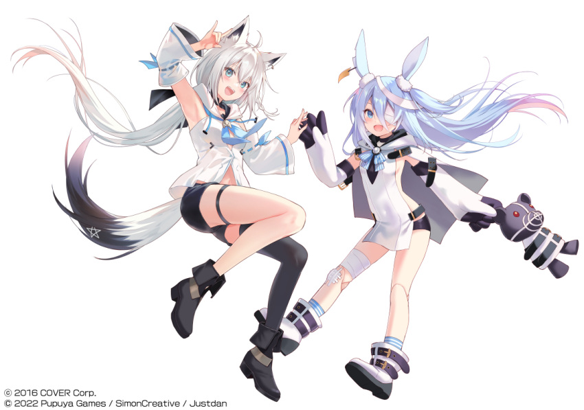 2girls ahoge animal_ear_fluff animal_ears arm_up armpits bandage_over_one_eye bangs black_bow black_footwear black_shorts black_thighhighs blue_hair blue_neckerchief blush bow braid commentary_request copyright_name detached_sleeves doll elbow_gloves fox_ears fox_girl fox_shadow_puppet fox_tail fukahire_(ruinon) gloves gradient_hair green_eyes hair_between_eyes hair_bow holding holding_doll hololive hood hoodie little_witch_nobeta long_hair looking_at_viewer monica_(little_witch_nobeta) multicolored_hair multiple_girls neckerchief open_mouth oversized_gloves pentagram pink_hair rabbit_ears shirakami_fubuki short_shorts shorts sidelocks simple_background single_braid single_thighhigh smile tail thigh_strap thighhighs virtual_youtuber white_background white_hair white_hoodie