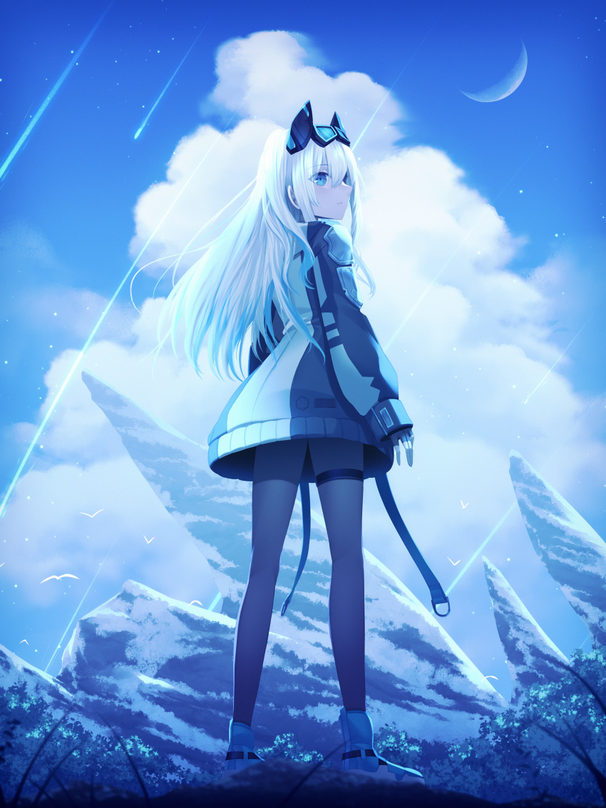 1girl absurdres bangs blue_eyes from_behind gloves goggles goggles_on_head hair_between_eyes headgear highres jacket long_hair mountainous_horizon original outdoors pantyhose sakakidani solo standing thigh_strap white_hair