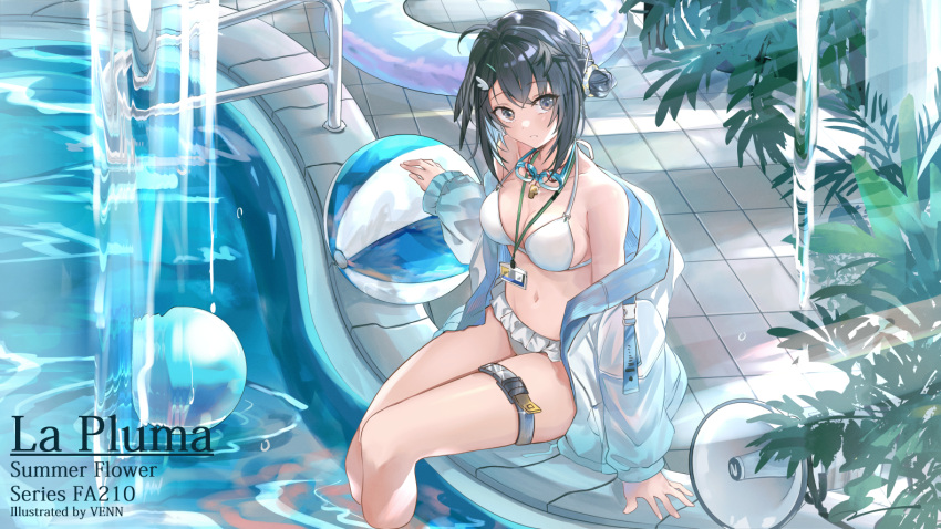 1girl ahoge arknights bangs bare_shoulders bikini black_hair blue_jacket blush breasts brown_eyes character_name cleavage collarbone feather_hair feet_out_of_frame frilled_bikini frills goggles goggles_around_neck hair_bun idol innertube jacket la_pluma_(arknights) la_pluma_(summer_flowers)_(arknights) long_sleeves looking_at_viewer megaphone navel off_shoulder official_alternate_costume open_clothes open_jacket parted_lips photoshop_(medium) pool pool_ladder short_hair single_hair_bun single_side_bun sitting soaking_feet solo swimsuit thigh_strap venn_(vebonbon) water whistle whistle_around_neck white_bikini wing_hair_ornament
