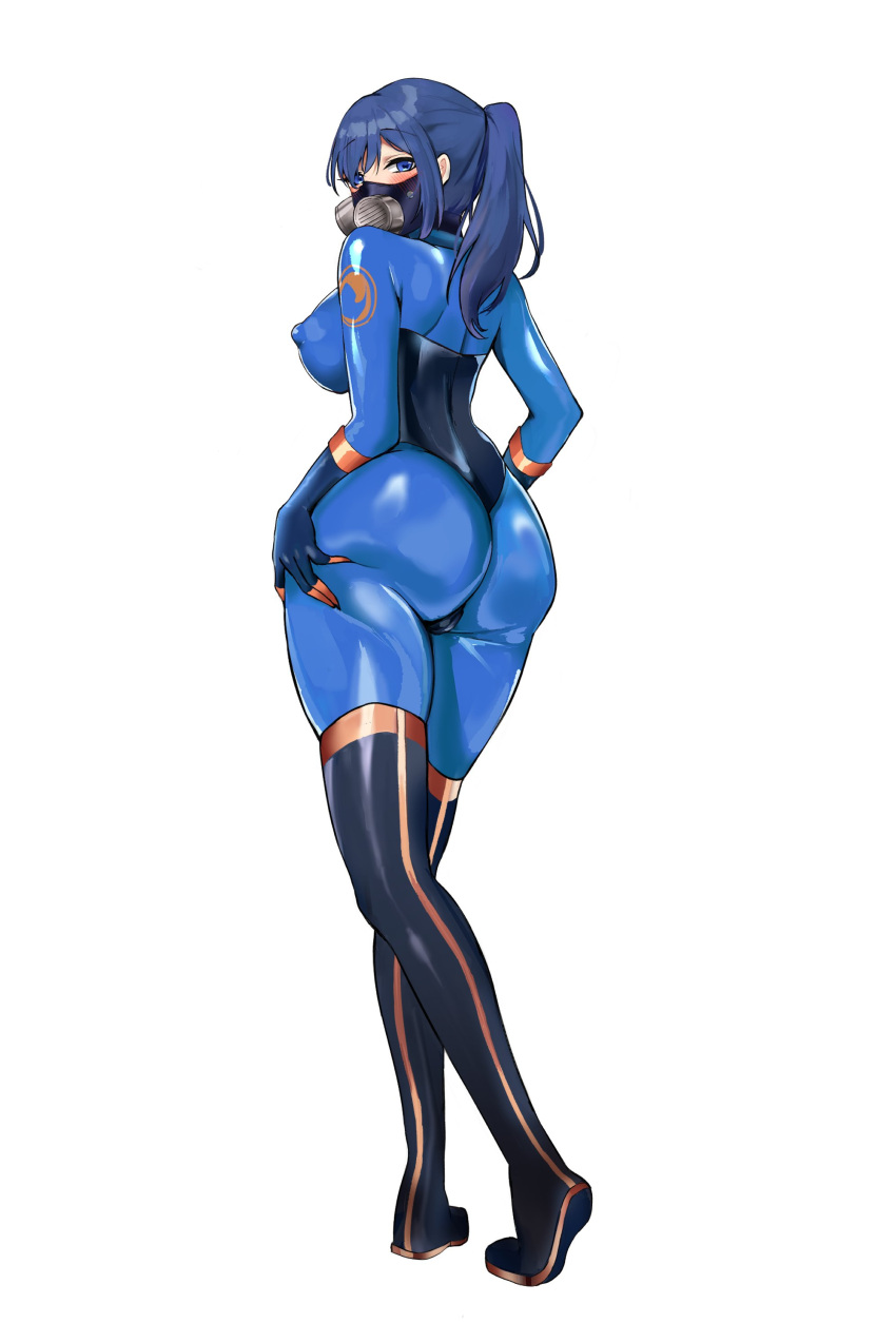 1girl absurdres ass bangs black_footwear black_gloves blue_bodysuit blue_eyes blue_hair blush bodysuit boots breasts commission full_body gas_mask genderswap genderswap_(otf) gloves highres large_breasts long_hair looking_at_viewer looking_back mask ponytail pyro_(tf2) sennei simple_background solo team_fortress_2 thigh_boots white_background