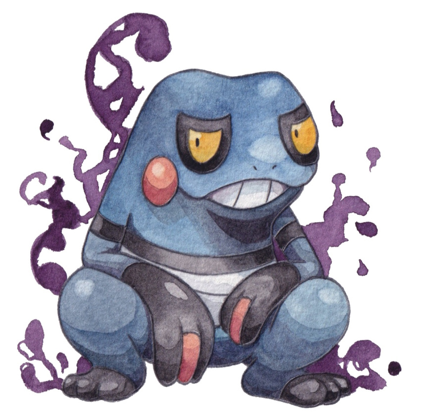 commentary_request croagunk full_body harinezumi_(hedgehog_25) looking_at_viewer no_humans orange_eyes painting_(medium) pokemon pokemon_(creature) slav_squatting solo squatting teeth traditional_media watercolor_(medium) white_background