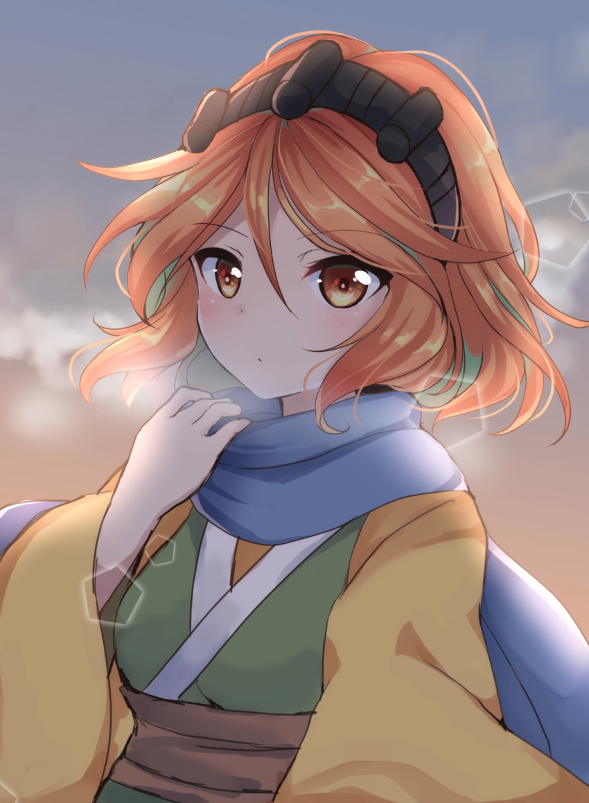 1girl black_hairband blue_scarf breasts brown_hair closed_mouth commentary_request genderswap genderswap_(otf) hairband hand_up highres japanese_clothes len'en long_sleeves medium_hair orange_hair ougi_hina scarf shirt small_breasts solo upper_body wide_sleeves yellow_shirt zuifeng_tenkai