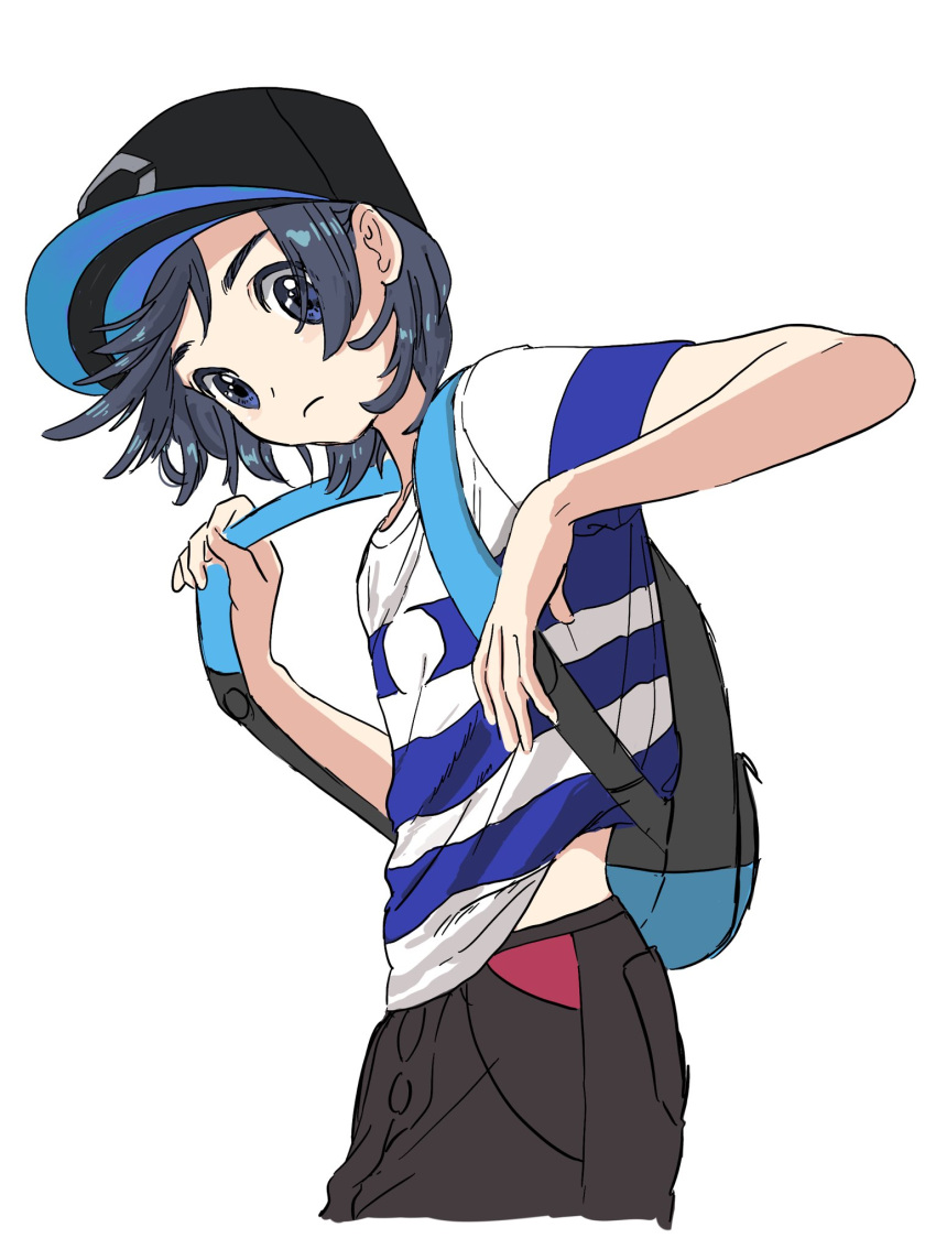 1boy aoaomzir backpack bag bangs baseball_cap black_hair black_headwear blue_eyes blue_shirt closed_mouth elio_(pokemon) frown hat highres holding_strap looking_down male_focus medium_hair pants pokemon pokemon_(game) pokemon_sm shirt short_sleeves simple_background solo striped striped_shirt t-shirt white_background