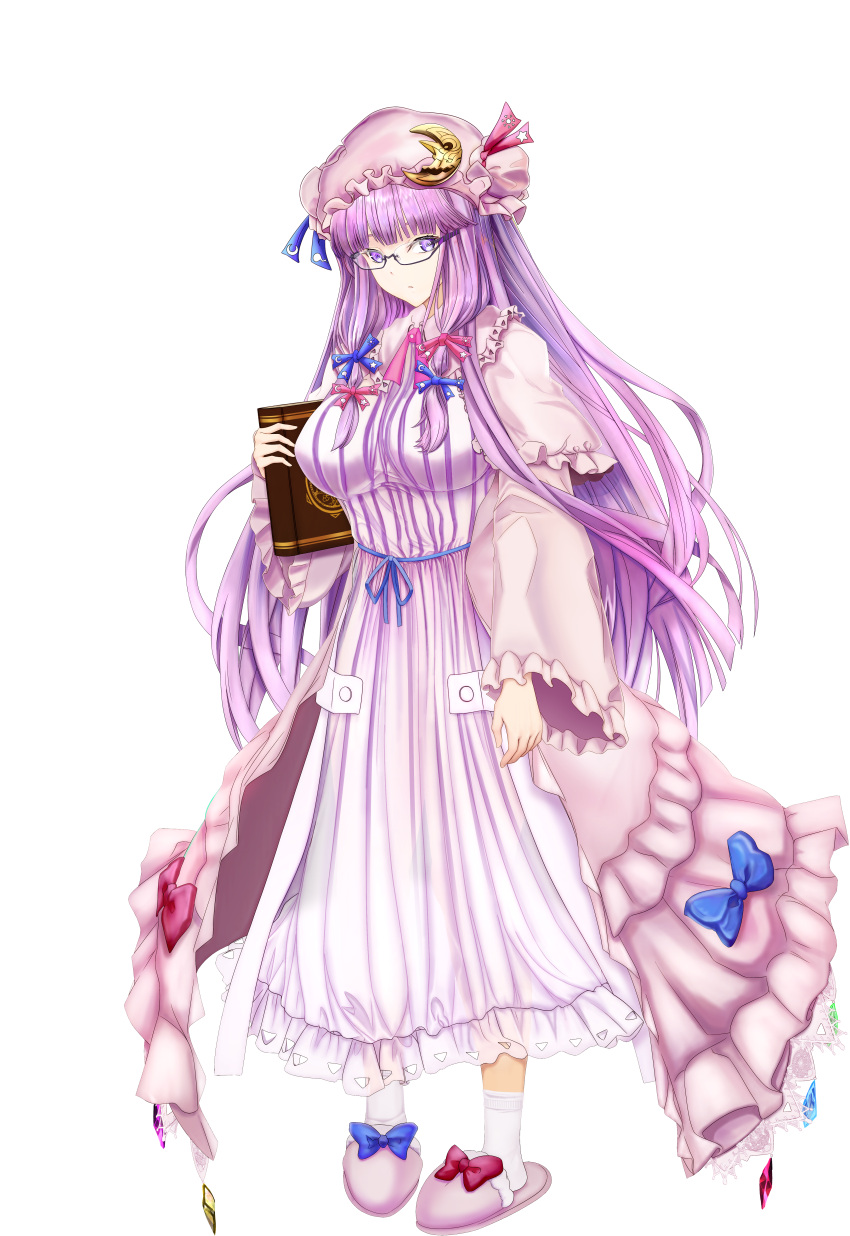 1girl absurdres bangs bespectacled blue_bow blunt_bangs book bow bowtie breasts bun_cover crescent crescent_hat_ornament double_bun dress glasses hair_bow hair_bun hat hat_bow hat_ornament highres holding holding_book large_breasts long_hair long_sleeves looking_at_viewer mob_cap patchouli_knowledge pink_bow pink_bowtie purple_dress purple_eyes purple_hair purple_headwear red_bow slippers socks solo standing striped striped_dress tachi-e tk31 touhou transparent_background vertical-striped_dress vertical_stripes very_long_hair white_socks wide_sleeves