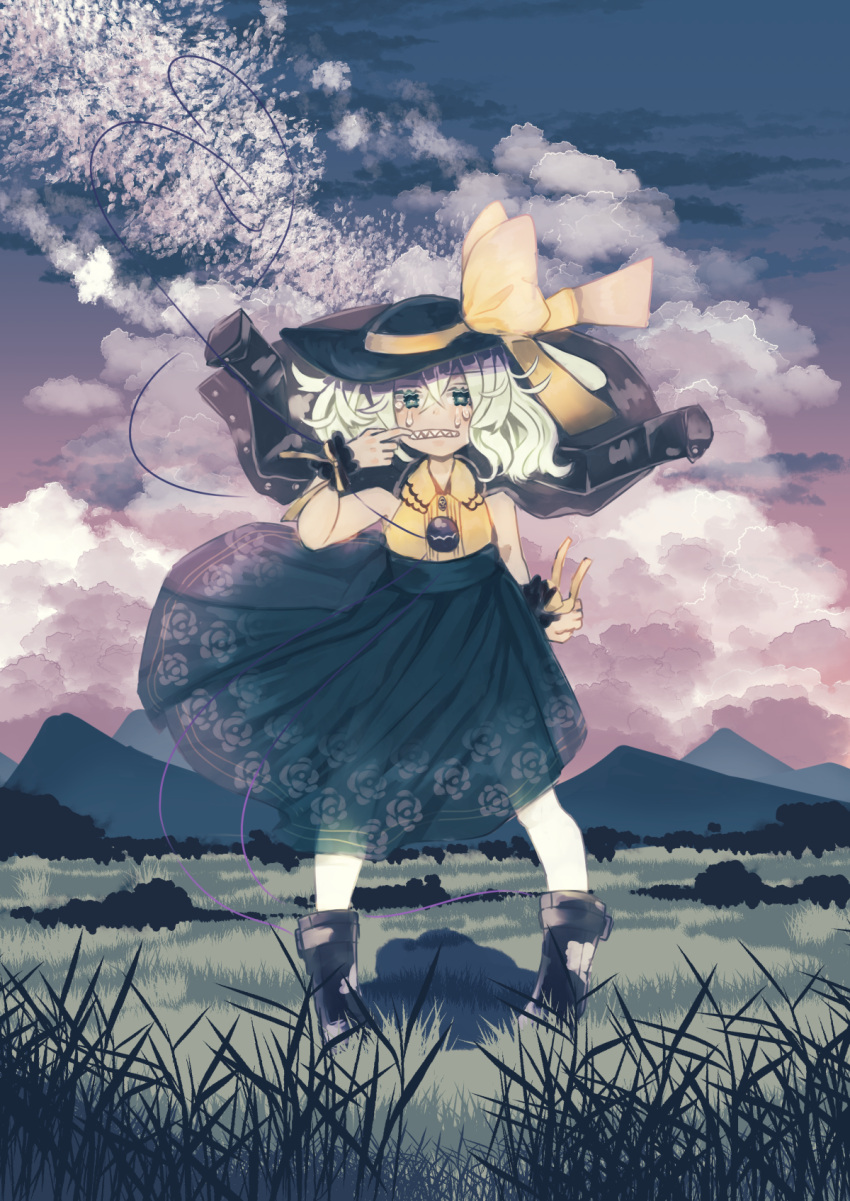 1girl black_footwear black_headwear boots bow bright_pupils buttons clenched_teeth cloud cloudy_sky culotte_(hosenrock) diamond_button eyeball floating_clothes floral_print frilled_shirt_collar frills frown full_body green_eyes green_skirt hat hat_bow hat_ribbon heart heart_of_string highres jacket komeiji_koishi leather leather_jacket light_green_hair looking_at_viewer medium_hair mountain mountainous_horizon outdoors ribbon rose_print sharp_teeth shirt skirt sky sleeveless sleeveless_shirt solo tears teeth third_eye touhou wavy_hair white_pupils yellow_bow yellow_ribbon yellow_shirt