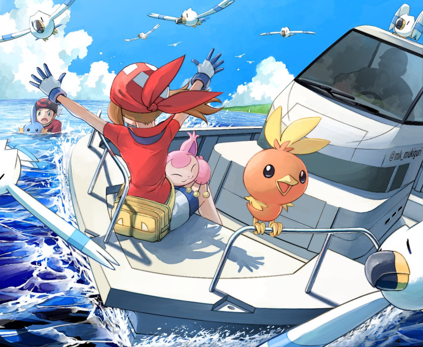 1girl 2boys bandana bike_shorts bird boat brendan_(pokemon) brown_hair cloud commentary_request day fanny_pack gloves highres may_(pokemon) mr._briney mudkip mukiguri multiple_boys on_lap open_mouth outdoors pokemon pokemon_(creature) pokemon_(game) pokemon_on_lap pokemon_rse red_bandana red_shirt shirt sitting skirt skitty sky tongue torchic water watercraft white_skirt wingull yellow_bag