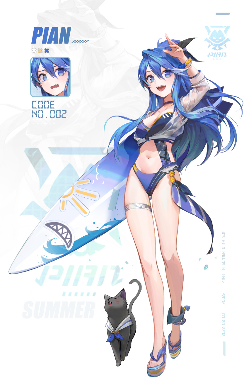 1girl :d absurdres arm_up bangs bare_legs bikini blue_bikini blue_eyes blue_hair bracelet breasts full_body hair_between_eyes half_updo hansum highres holding holding_surfboard jewelry long_hair long_sleeves medium_breasts navel original sandals see-through smile standing stomach surfboard swimsuit thigh_strap