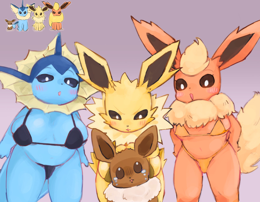 big_breasts big_ears bikini blue_body blush bodily_fluids breasts brown_body clothed clothing dominant dominant_female eevee eeveelution female flareon fur generation_1_pokemon group hi_res jolteon looking_at_another male narrowed_eyes nintendo pokemon pokemon_(species) popothin scared simple_background size_difference skimpy slightly_chubby smaller_male swimwear tears vaporeon video_games yellow_body