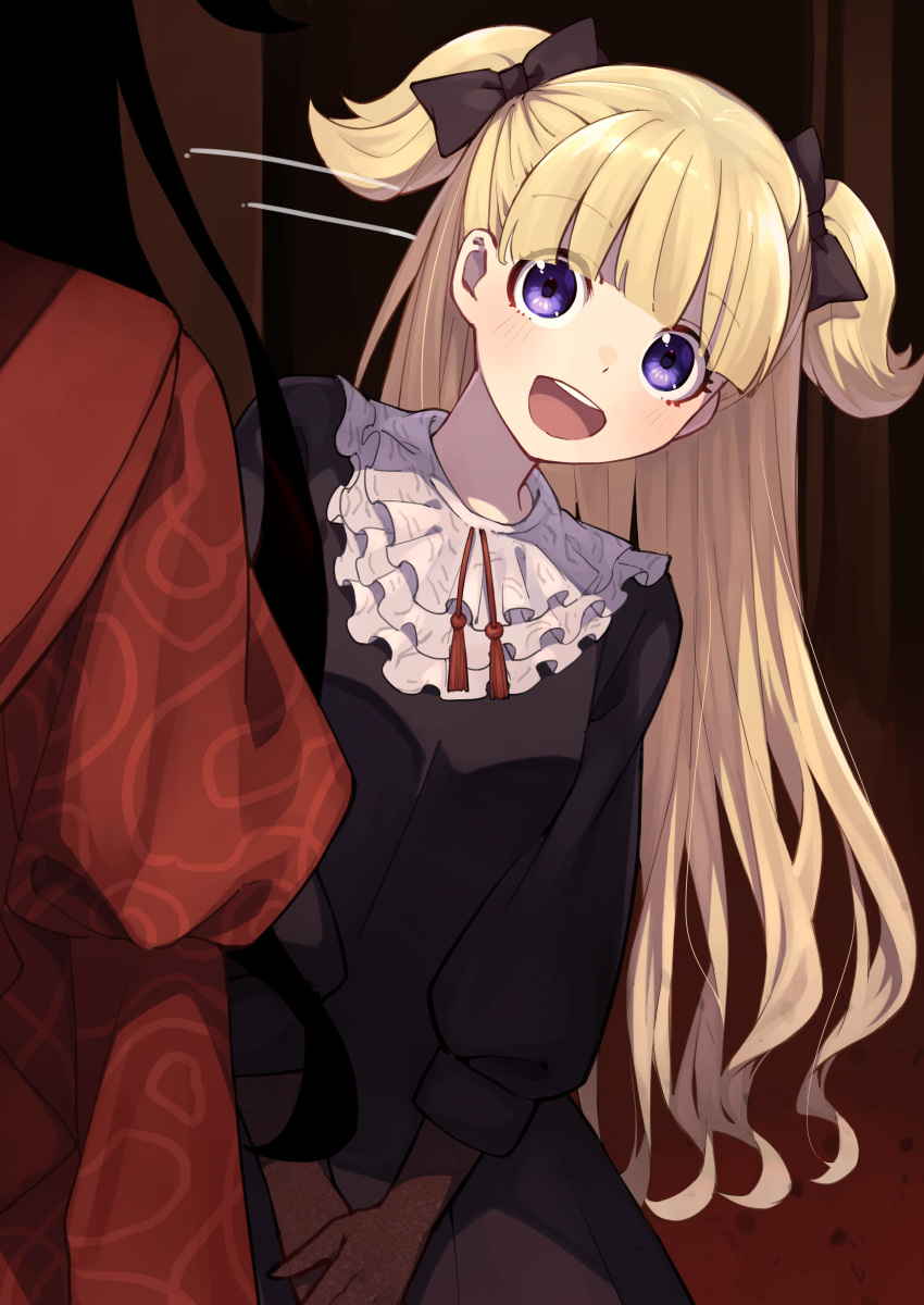 2girls absurdres bangs black_bow black_dress black_gloves blonde_hair blunt_bangs blush bow dress emilico_(shadows_house) gloves hair_bow highres juliet_sleeves kate_(shadows_house) long_hair long_sleeves multiple_girls open_mouth puffy_sleeves purple_eyes red_dress shadow_(shadows_house) shadows_house tamago_sando two_side_up