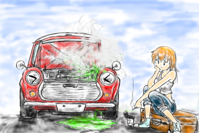 1girl antifreeze car commentary_request engine ground_vehicle mini_cooper motor_vehicle original red_hair smoking tomboy tridokodemo