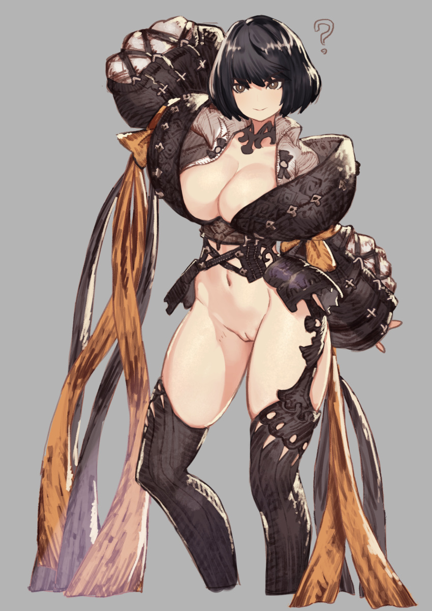 1girl ? arm_behind_head arm_up armor black_armor black_hair black_ribbon black_thighhighs bob_cut bow bright_pupils brown_eyes character_request closed_mouth commission final_fantasy final_fantasy_brave_exvius grey_background hamama2 hatching_(texture) highres navel orange_bow orange_ribbon pussy ribbon short_hair simple_background skeb_commission skindentation sleeves_past_wrists smile solo thighhighs war_of_the_visions:_final_fantasy_brave_exvius white_pupils