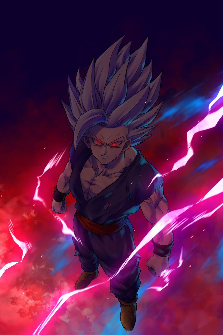 1boy absurdres cell_max clenched_hand closed_mouth dougi dragon_ball dragon_ball_super dragon_ball_super_super_hero electricity glowing glowing_eyes gohan_beast highres looking_at_viewer male_focus muscular muscular_male papita_pochi red_eyes short_hair simple_background solo son_gohan spiked_hair spoilers super_saiyan white_hair wristband