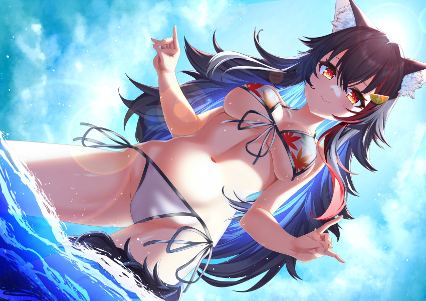 1girl absurdres animal_ear_fluff animal_ears autumn_leaves bikini black_hair blue_sky blush breasts cloud cloudy_sky double_fox_shadow_puppet fox_shadow_puppet groin hair_ornament hairclip highres hololive large_breasts long_hair looking_at_viewer looking_down multicolored_hair ocean ookami_mio outdoors red_hair shinwota sky smile solo stomach streaked_hair swimsuit tail tail_around_leg tail_wrap thighs two-tone_hoodie very_long_hair virtual_youtuber wolf_ears wolf_girl wolf_tail yellow_eyes