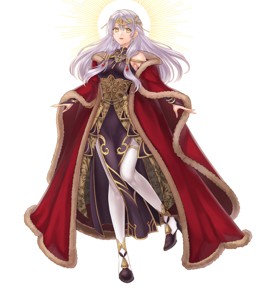 1girl absurdres bangs bare_shoulders black_dress black_gloves bracelet bridal_gauntlets cape circlet coat commission dress elbow_gloves fire_emblem fire_emblem:_radiant_dawn fire_emblem_cipher fire_emblem_heroes fur-trimmed_coat fur_trim gloves grey_hair half_updo hazuki_(nyorosuke) highres jewelry long_dress long_hair micaiah_(fire_emblem) official_alternate_costume pantyhose pelvic_curtain red_cape red_coat side_slit simple_background skeb_commission sleeveless sleeveless_dress smile solo turtleneck_dress white_background white_pantyhose yellow_eyes