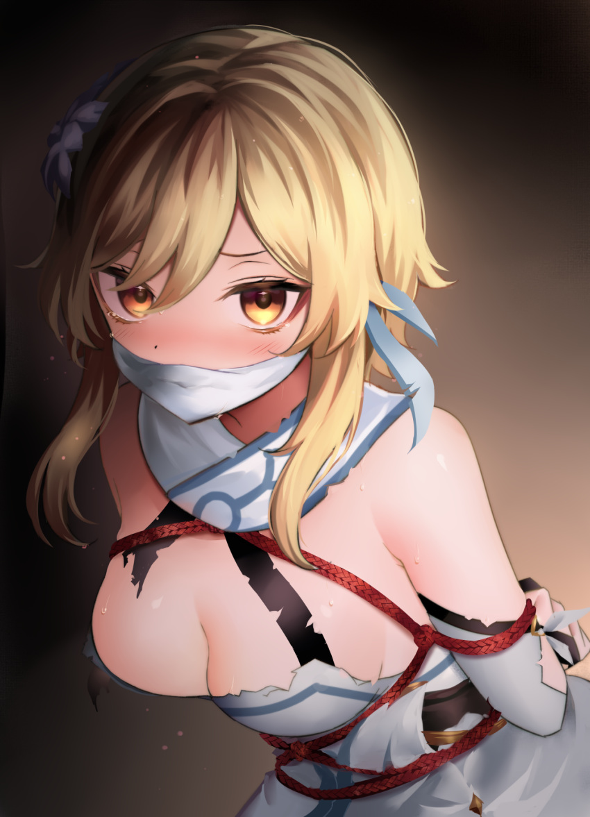 1girl arms_behind_back bangs bdsm blonde_hair blush bondage bound bound_arms breasts brown_background brown_eyes cleavage detached_sleeves dress flower gag gagged genshin_impact gradient gradient_background hair_flower hair_ornament highres improvised_gag long_sleeves looking_at_viewer lumine_(genshin_impact) neit_ni_sei nose_blush photoshop_(medium) shibari shibari_over_clothes short_hair_with_long_locks sidelocks solo tearing_up tears torn_clothes torn_dress upper_body v-shaped_eyebrows white_dress white_flower
