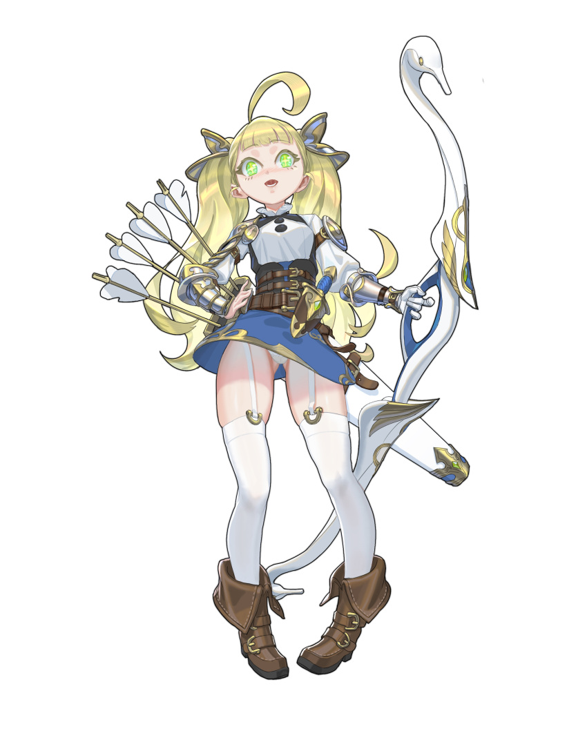 1girl absurdres ahoge armor arrow_(projectile) ass_visible_through_thighs black_outline blonde_hair blue_skirt blush boots bow_(weapon) brown_footwear cameltoe cross-shaped_pupils dagger eyelashes fantasy garter_straps gem green_eyes green_gemstone hand_on_hip highres holding holding_bow_(weapon) holding_weapon huge_ahoge jinyu_lao_honglingjin knife long_eyelashes long_hair lower_teeth open_mouth original outer_glow outline panties pauldrons quiver scabbard sheath sheathed shiny shiny_skin shoulder_armor simple_background single_pauldron skindentation skirt solo standing teeth thighhighs twintails underwear uvula vambraces weapon white_background white_panties white_thighhighs yellow_pupils