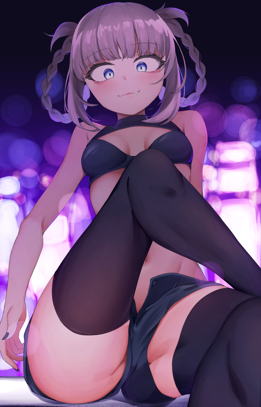 1girl absurdres bangs bare_arms bare_shoulders black_shorts black_tank_top black_thighhighs blue_eyes blunt_bangs breasts cleavage cleavage_cutout closed_mouth clothing_cutout crop_top crossed_legs empty_(mn3k_yo) fang feet_out_of_frame hair_rings highres knee_up looking_at_viewer medium_hair midriff nanakusa_nazuna_(yofukashi_no_uta) navel night open_clothes open_fly open_shorts pink_hair short_shorts shorts sitting sleeveless sleeveless_turtleneck sleeveless_turtleneck_crop_top small_breasts smile solo tank_top thighhighs thighs turtleneck turtleneck_crop_top vampire yofukashi_no_uta