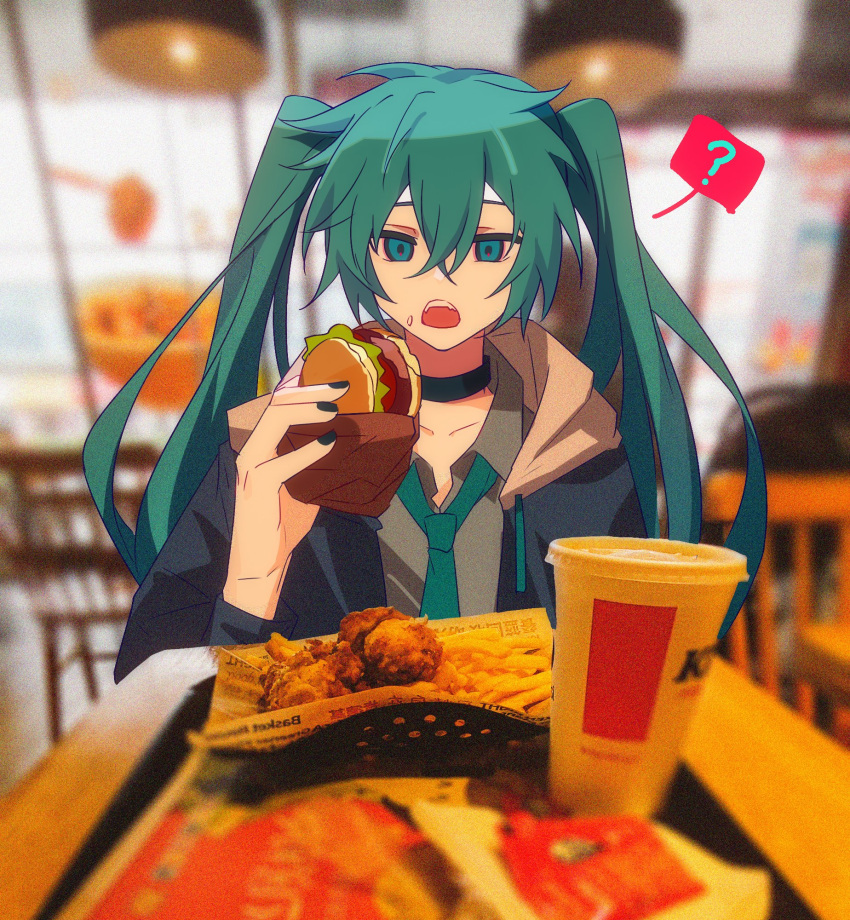 1girl ? black_choker blue_eyes blue_hair blue_jacket blue_necktie burger choker drawstring food grey_shirt hair_between_eyes hatsune_miku highres holding holding_food hood hood_down jacket long_hair long_sleeves necktie open_mouth photo_background shirt solo spoken_question_mark table twintails vocaloid white_hood ximuye