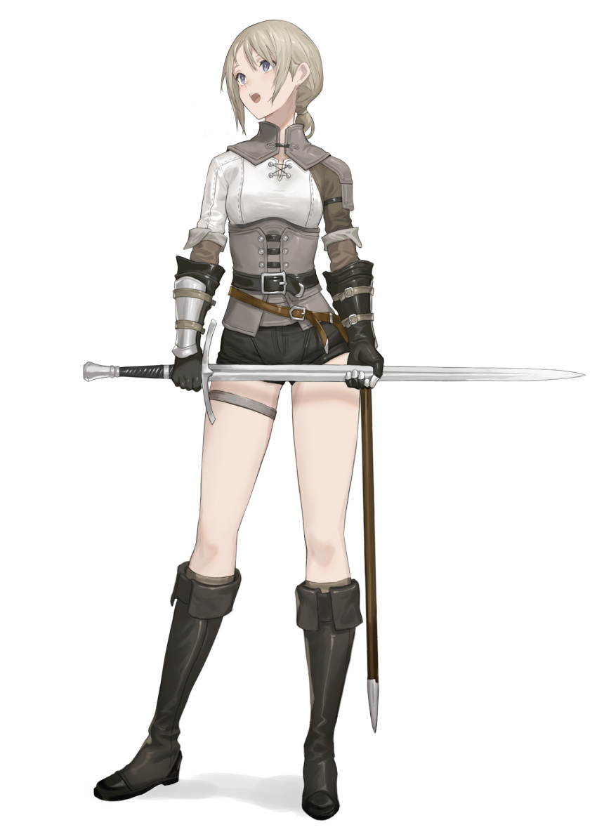 1girl asymmetrical_sleeves black_gloves blonde_hair boots commentary_request corset fantasy full_body gloves half-swording highres holding holding_sword holding_weapon km_yama low_ponytail open_mouth original purple_eyes sheath short_shorts shorts solo standing sword teeth thigh_strap upper_teeth vambraces weapon white_background