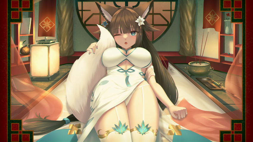 1girl ;o absurdres animal_ears bangs black_hair blue_eyes blunt_bangs breasts china_dress chinese_clothes cleavage dress earrings flower fox_ears fox_tail garter_straps hair_flower hair_ornament highres impossible_clothes indoors jewelry large_breasts long_hair looking_at_viewer low-tied_long_hair lying mole mole_under_eye on_back one_eye_closed original panties ponytail sakakidani solo tail thighhighs underwear white_panties