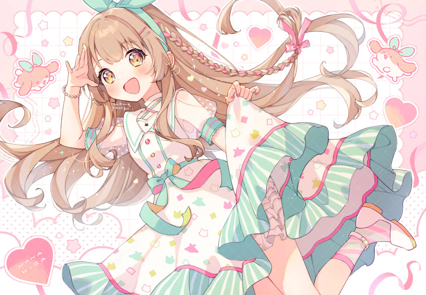 1girl :d absurdres animal_print bebe_(nanahira) blush bracelet braid brown_hair buttons clothes_lift collar collared_dress curly_hair dress dress_lift earrings frilled_dress frills green_ribbon hair_ornament hair_ribbon hairpin heart heart_bracelet highres indie_virtual_youtuber jewelry long_hair looking_at_viewer mameyanagi multicolored_clothes multicolored_hair multicolored_legwear multicolored_ribbon nail_polish nanahira orange_eyes pink_ribbon polka_dot_sleeves puffy_short_sleeves puffy_sleeves red_nails ribbon sailor_collar salute sample_watermark see-through see-through_sleeves shoes short_sleeves single_braid smile socks star_(symbol) streaked_hair very_long_hair white_collar white_dress