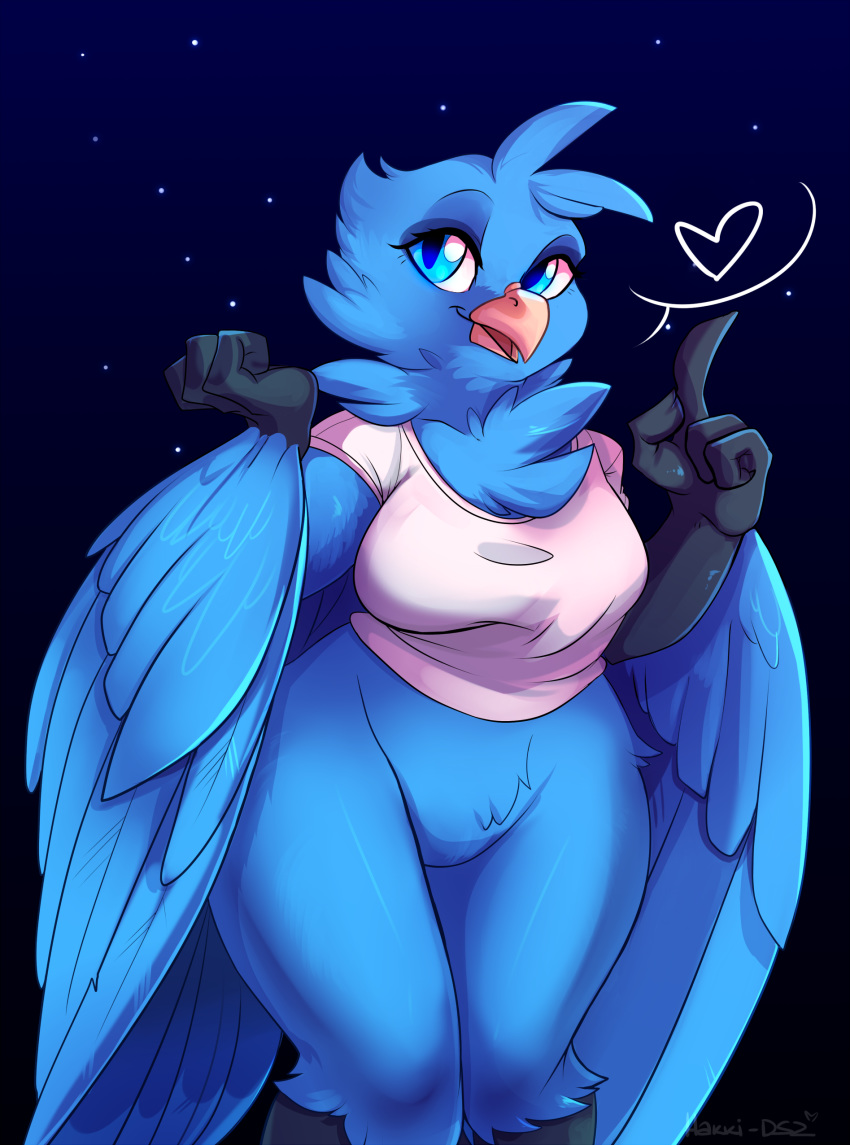 &lt;3 2019 anthro avian bird blue_eyes blue_theme bottomless clothed clothing crotch_lines feathers featureless_crotch female hakkids2 tweetfur twitter vest wide_hips