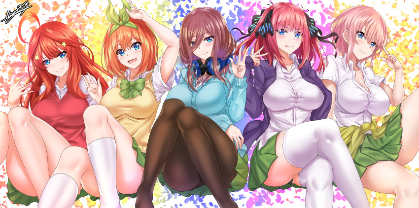 5-toubun_no_hanayome cleavage headphones nakano_ichika nakano_itsuki nakano_miku nakano_nino nakano_satsuki nakano_yotsuba nez-box seifuku sweater thighhighs