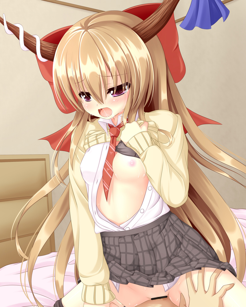 absurdres bar_censor blonde_hair blush bow breasts censored hair_bow highres horns ibuki_suika long_hair necktie nipples open_clothes purple_eyes sex skirt small_breasts solo_focus tears touhou vaginal yoye_(pastel_white)