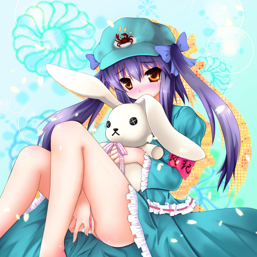 absurdres armband blush bunny crab dzc23 green_dam hair_ribbon hat highres os-tan panties panties_aside personification purple_hair pussy ribbon sitting solo striped striped_panties stuffed_animal stuffed_toy twintails uncensored underwear yellow_eyes