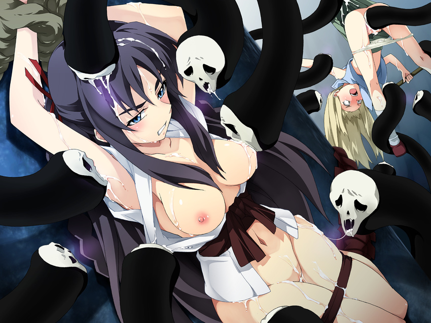 amase_saki angry arms_up black_hair blonde_hair blue_eyes blush bottomless braid breast_sucking breasts censored cleavage cum hair_ribbon highres hoshimura_makina large_breasts long_hair multiple_girls nipples no_bra no_panties non-web_source open_clothes open_mouth open_shirt panties ribbon saipaco shikabane_hime shirt skirt skirt_lift socks tentacles twintails underwear undressing very_long_hair