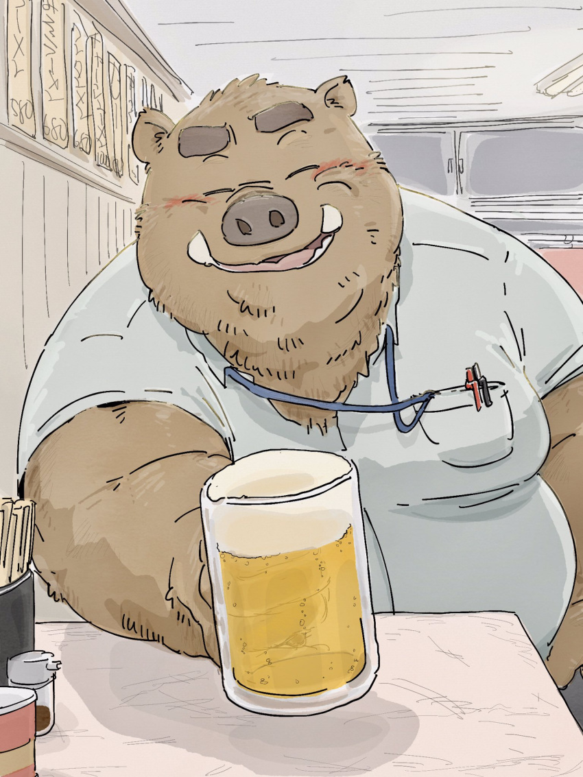 2022 alcohol anthro beer belly beverage big_belly blush brown_body brown_fur detailed_background eyes_closed fur hi_res humanoid_hands inside kemono male mammal overweight overweight_male pommn_mn sitting solo suid suina sus_(pig) wild_boar