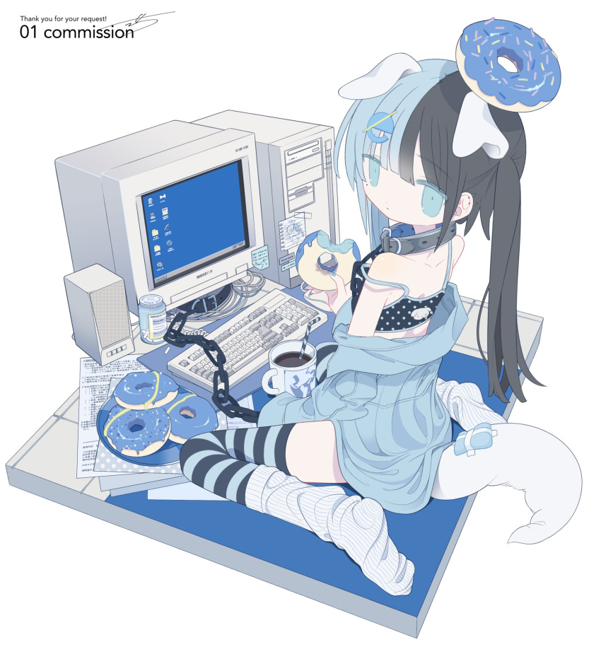 1girl animal_ears animal_print aqua_eyes bangs bare_shoulders black_hair black_shirt black_thighhighs blue_hair blue_shirt blue_theme blue_thighhighs cable chain chain_leash chained coffee coffee_mug collar collared_shirt commentary_request commission computer constricted_pupils crop_top cropped_shirt crt cup dog_ears dog_girl dog_print dog_tail doughnut_hair_ornament drinking_straw english_text expressionless extra_ears faux_figurine food food-themed_hair_ornament food_bite from_behind full_body gauze hair_ornament highres holding holding_food internet_explorer keyboard_(computer) leash light_blue_hair logo_hair_ornament long_hair long_sleeves looking_at_viewer looking_back loose_socks mole mole_under_eye monitor mug multicolored_hair no_shoes off_shoulder original outo_eguchi paper pill_bottle polka_dot polka_dot_shirt ribbed_socks shirt signature simple_background sitting skeb_commission sleeveless sleeveless_shirt socks socks_over_thighhighs solo spaghetti_strap speaker split-color_hair sticky_note strap_slip striped striped_thighhighs tail thighhighs twintails two-tone_hair wariza white_background white_socks