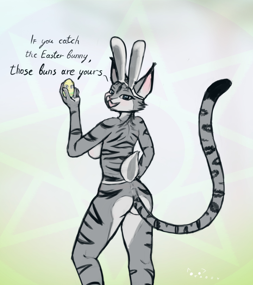 2020 absurd_res anthro bedroom_eyes bethesda_softworks bunny_costume clothing costume ear_tuft easter_egg egg fake_ears fake_rabbit_ears felid female fur fur_markings fur_pattern grey_body grey_fur hi_res khajiit ma'ara mammal markings monotone_body monotone_fur mostly_nude multicolored_body narrowed_eyes painted_eggs seductive simple_background solo solo_focus tabbycatface text the_elder_scrolls tuft two_tone_body video_games white_body white_fur