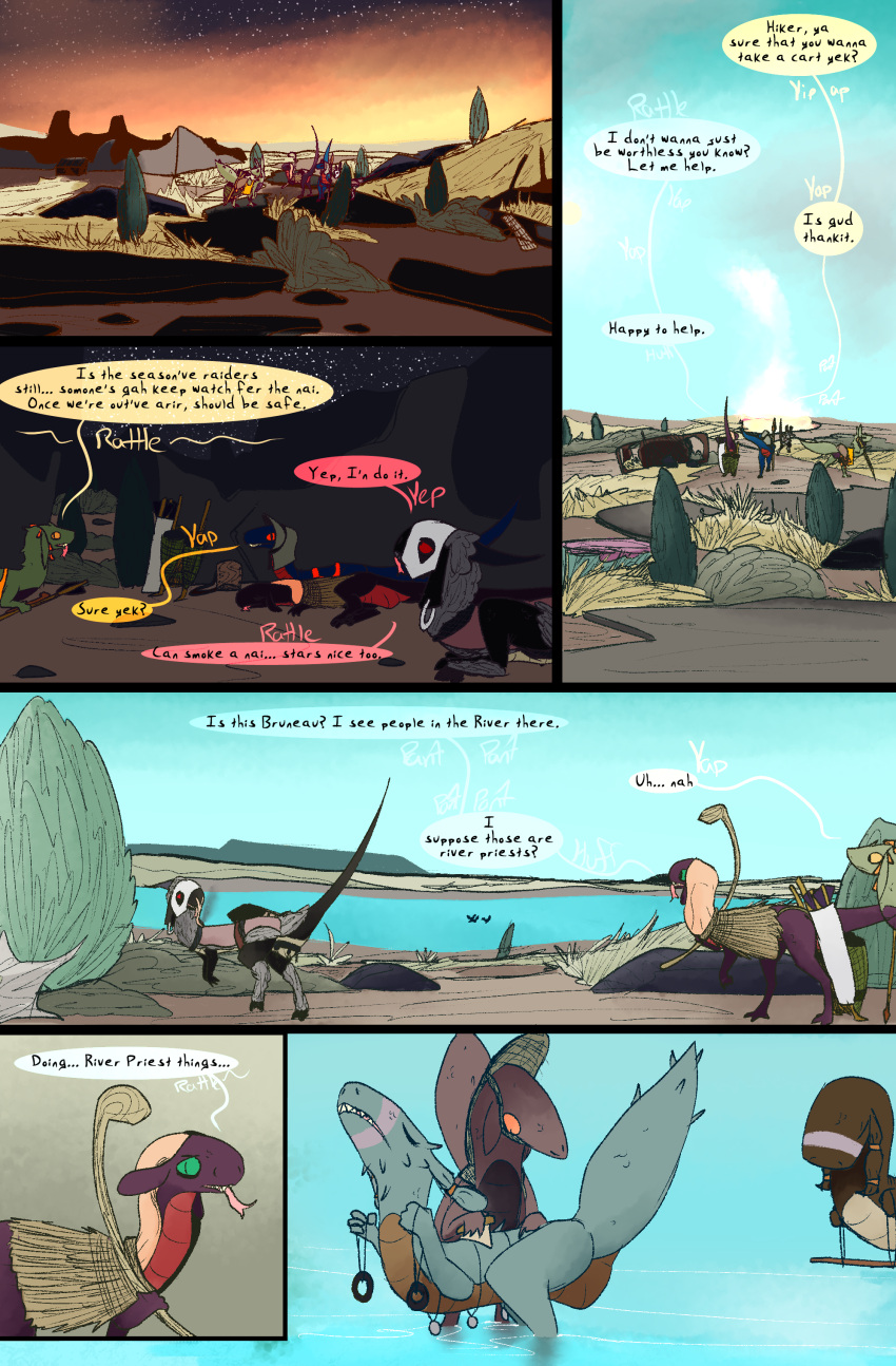 absurd_res club_(weapon) comic desert dinosaur dragon dragonscape drekir dromaeosaurid female feral forest forl_(thepatchedragon) group hi_res hiker_(thepatchedragon) jat_(thepatchedragon) male melee melee_weapon plant polearm post-apocalyptic praying ralan_(thepatchedragon) reptile river scalie sky spear star starry_sky sunrise sunset text thepatchedragon theropod travel travois tree tribal tribal_clothing weapon