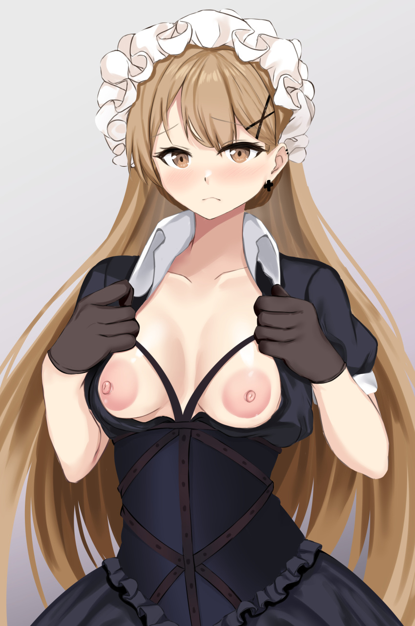 1girl absurdres black_gloves blush breasts breasts_out brown_eyes collarbone earrings frilled_hairband frills girls'_frontline girls_und_panzer gloves hairband highres jewelry light_brown_hair long_hair medium_breasts nipples ppk_(girls'_frontline) puffy_short_sleeves puffy_sleeves scourer_14 short_sleeves solo very_long_hair
