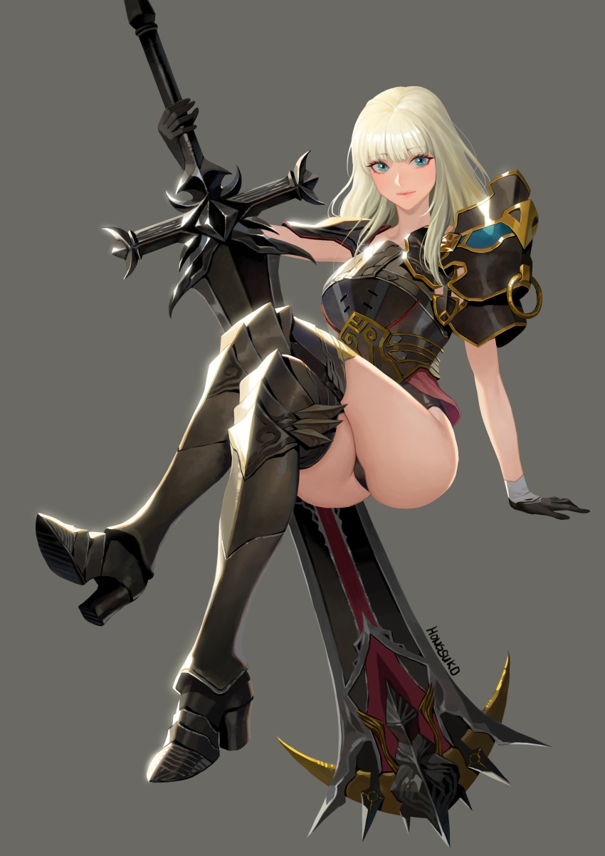 1girl absurdres aqua_eyes arm_support armor ass avatar_(ff14) black_armor black_gloves blonde_hair breastplate cameltoe commission crossed_legs dark_knight_(final_fantasy) eyelashes eyeshadow final_fantasy final_fantasy_xiv gloves greatsword greaves grey_background grey_gloves high_heels highres holding holding_sword holding_weapon hongcasso invisible_chair long_eyelashes long_hair makeup multicolored_clothes multicolored_gloves pauldrons pink_eyeshadow shoulder_armor signature simple_background sitting solo sword weapon