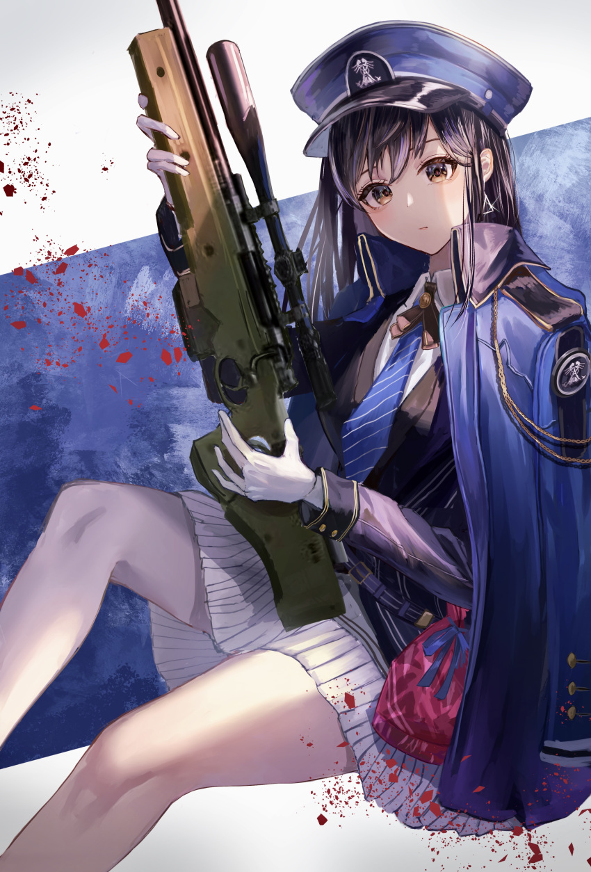 1girl absurdres ai_arctic_warfare black_hair blue_coat blue_headwear blue_jacket blue_necktie bolt_action coat collared_shirt commentary_request commission diesel_(goddess_of_victory:_nikke) earrings gloves goddess_of_victory:_nikke gun hat highres holding holding_gun holding_weapon jacket jewelry ken_shiro long_hair looking_at_viewer military military_hat military_uniform necktie off_shoulder petals pleated_skirt rifle shirt sitting skirt sniper_rifle solo triangle_earrings uniform weapon white_gloves white_shirt white_skirt