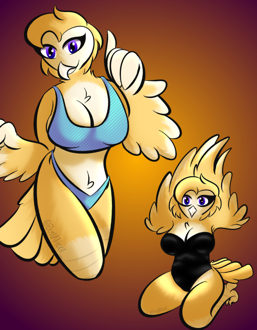 anthro avian big_breasts bird breasts clothing fan_character feathers female hi_res humanoid justahoot lingerie owl purple_eyes shaded simple_background solo underwear yellow_body