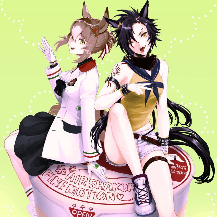 2girls air_shakur_(umamusume) animal_ears arm_belt arm_tattoo armband bandaid bandaid_on_face bangs bare_shoulders belt black_hair black_skirt breasts brown_hair clover_hair_ornament coat cup_ramen cutoffs eyebrow_piercing fine_motion_(umamusume) gloves green_eyes hair_bun hair_ornament hand_up hi_(ibisf5umauma) highres horse_ears horse_girl horse_tail long_sleeves looking_at_viewer multiple_girls one_eye_closed open_mouth parted_bangs piercing sailor_collar sharp_teeth shirt shoes short_hair shorts sitting skirt sleeveless sleeveless_shirt small_breasts smile sneakers socks tail tattoo teeth thigh_strap tongue tongue_out twitter_username umamusume upper_teeth v waving white_coat white_gloves white_shorts white_socks yellow_eyes yellow_shirt