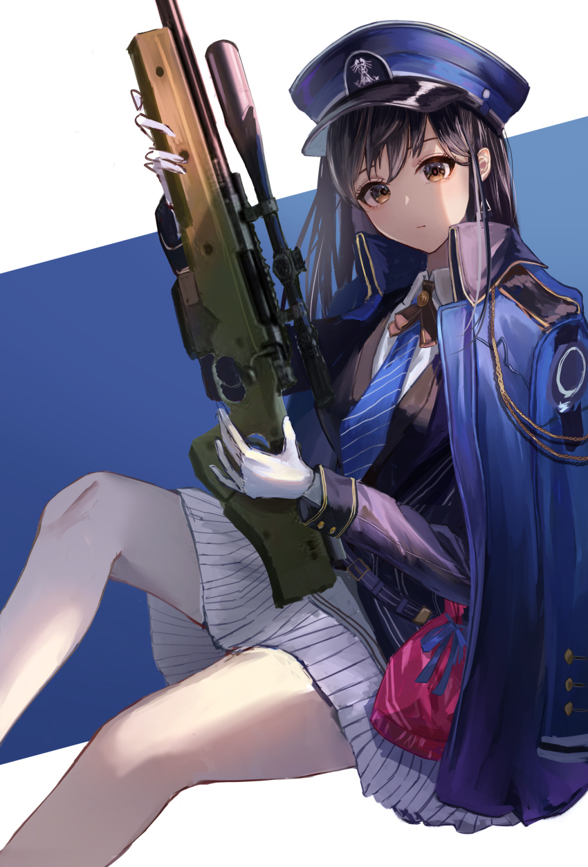 1girl absurdres ai_arctic_warfare black_hair blue_coat blue_headwear blue_jacket blue_necktie bolt_action coat collared_shirt commentary_request commission diesel_(goddess_of_victory:_nikke) earrings gloves goddess_of_victory:_nikke gun hat highres holding holding_gun holding_weapon jacket jewelry ken_shiro long_hair looking_at_viewer military military_hat military_uniform necktie off_shoulder pleated_skirt rifle shirt sitting skirt sniper_rifle solo triangle_earrings two-tone_background uniform weapon white_gloves white_shirt white_skirt