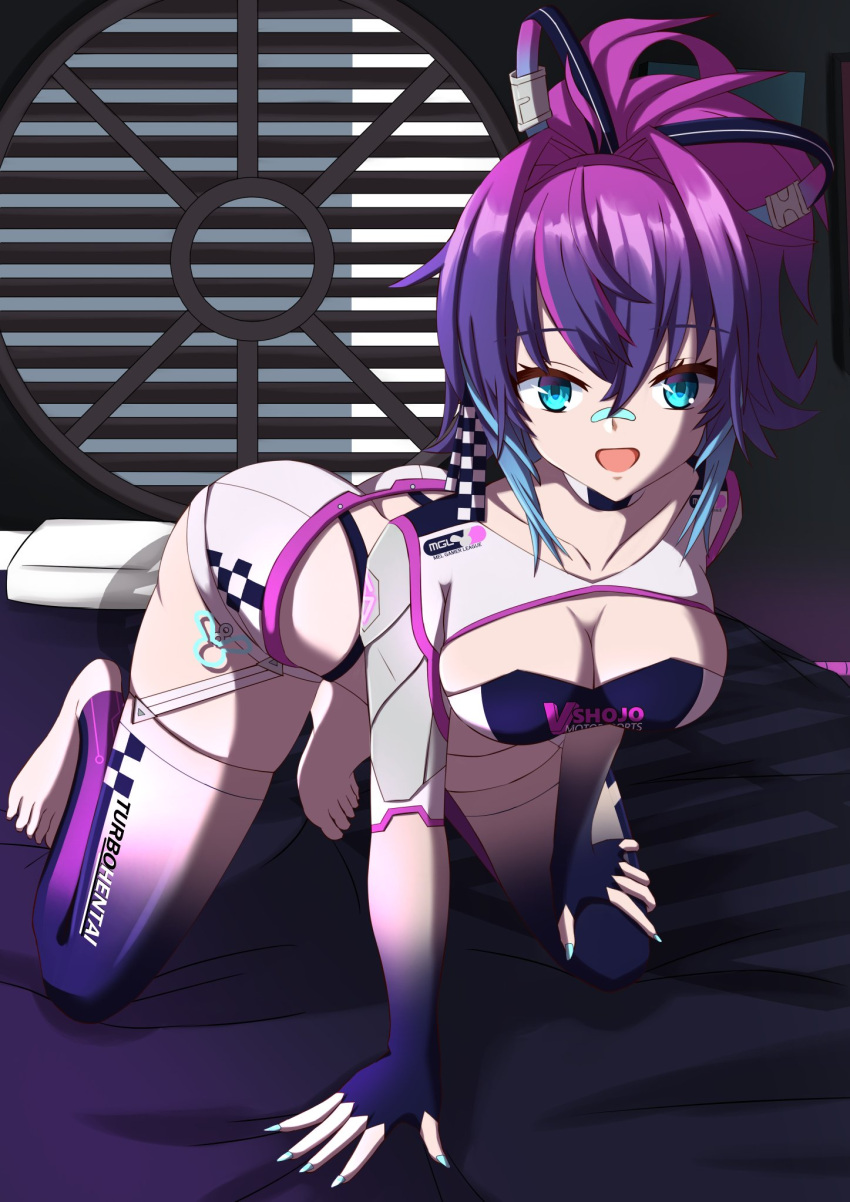 1girl all_fours ass bandaid bandaid_on_face bandaid_on_nose bed blue_eyes blue_hair breasts cleavage cleavage_cutout clothing_cutout fingerless_gloves gloves gradient gradient_legwear h1de0_matsu highres looking_at_viewer medium_breasts medium_hair melody_(projektmelody) multicolored_hair open_mouth ponytail projektmelody purple_hair race_queen shirt short_shorts shorts streaked_hair thighhighs virtual_youtuber vshojo white_shirt white_shorts white_thighhighs
