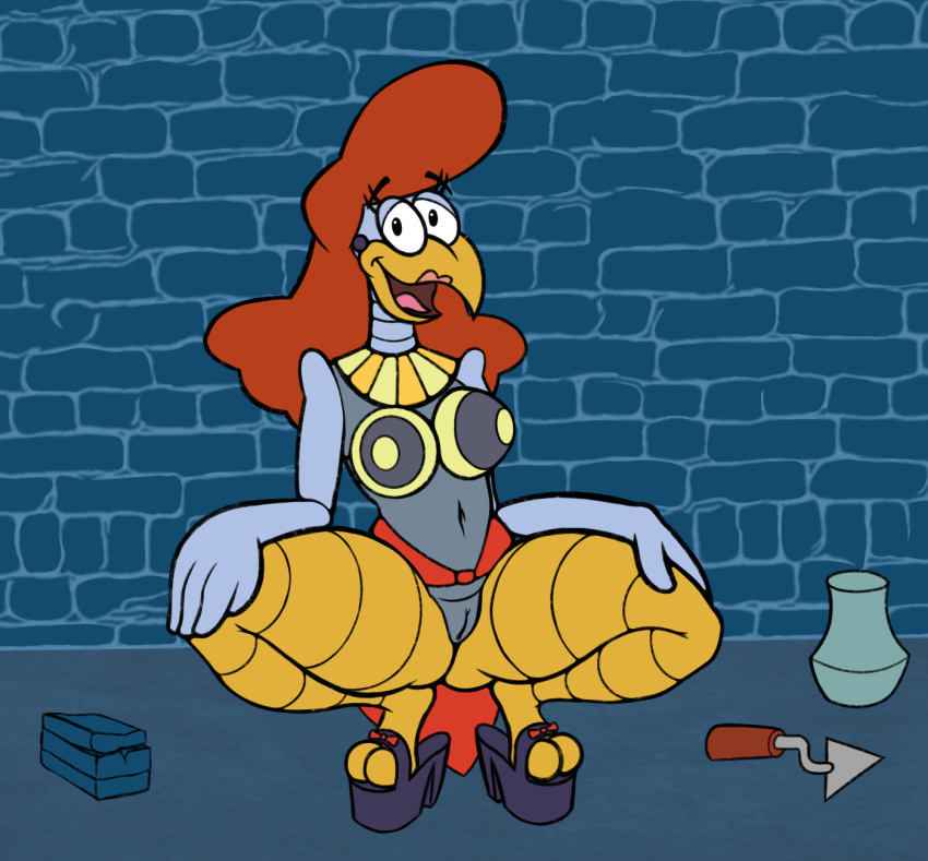 adventures_of_sonic_the_hedgehog anthro avian bedroom_eyes bird bra chicken clothing female footwear galliform gallus_(genus) genitals gold_(metal) gold_jewelry hair hi_res high_heels jewelry lipstick machine makeup narrowed_eyes navel necklace open_mouth phasianid pussy raki_boi red_hair robot scratch_(adventures_of_sonic_the_hedgehog) seductive sega smile solo sonic_the_hedgehog_(series) squatting_position underwear