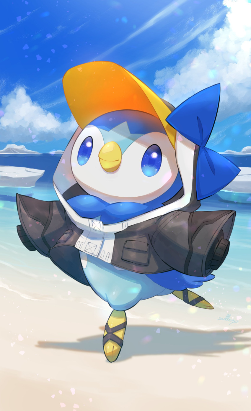 absurdres beach black_jacket blue_bow blue_eyes blue_skin blue_sky bow cloud colored_skin cosplay day fate/grand_order fate_(series) full_body highres hood hood_up jacket meltryllis_(fate) meltryllis_(fate)_(cosplay) nullma ocean outdoors piplup pokemon sky smile solo standing standing_on_one_leg