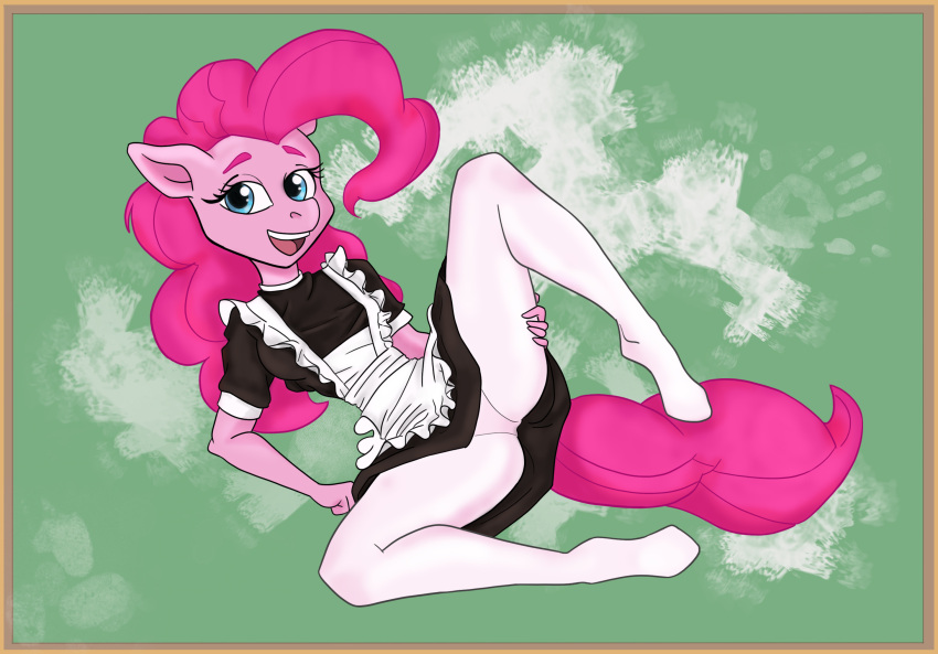 anthro blue_eyes clothing equid equine female furrytan hair hasbro hi_res legwear maid_uniform mammal my_little_pony pantyhose pink_body pink_hair pink_skin solo spread_legs spreading underwear uniform white_clothing white_legwear white_pantyhose