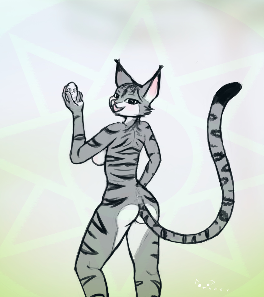 2020 absurd_res anthro bedroom_eyes bethesda_softworks ear_tuft easter_egg egg felid female fully_nude fur fur_markings fur_pattern grey_body grey_fur hi_res khajiit ma'ara mammal markings monotone_body monotone_fur multicolored_body narrowed_eyes painted_eggs seductive simple_background solo solo_focus tabbycatface the_elder_scrolls tuft two_tone_body video_games white_body white_fur