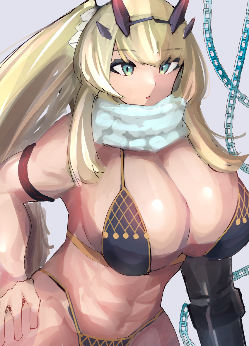 1girl abs absurdres bangs bare_shoulders bikini black_bikini blonde_hair breasts chain cleavage fairy_knight_gawain_(fate) fairy_knight_gawain_(ice_warrior)_(fate) fate/grand_order fate_(series) gauntlets green_eyes highres horns large_breasts long_hair looking_at_viewer muscular muscular_female myakuro navel ponytail scarf single_gauntlet solo swimsuit white_scarf