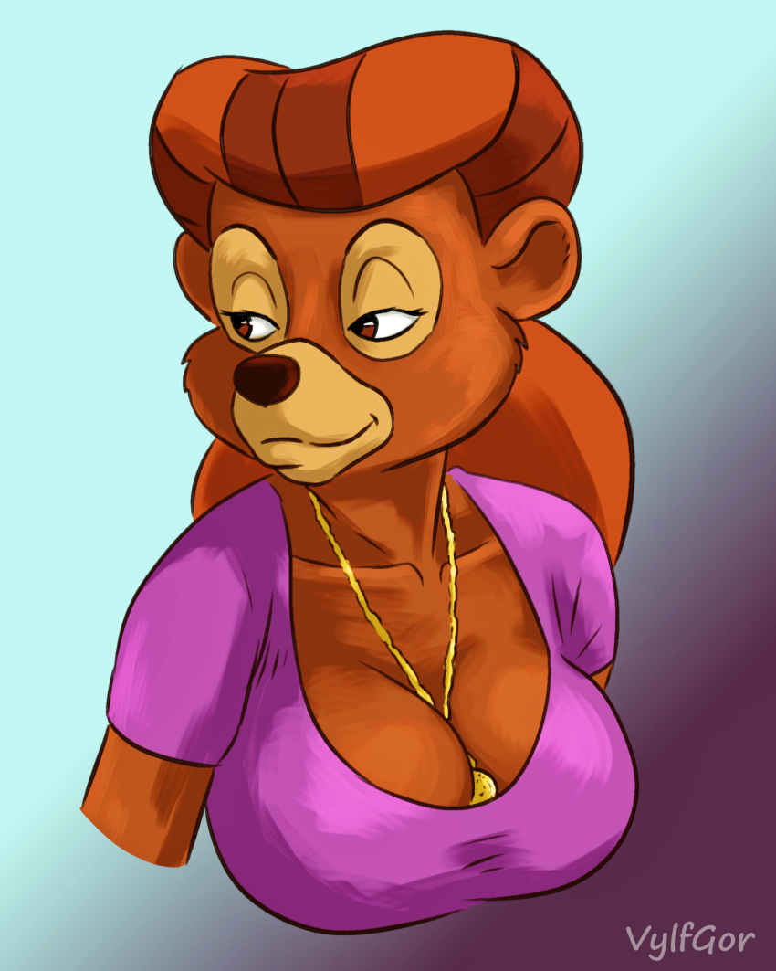 anthro big_breasts black_nose breasts brown_body brown_eyes brown_fur brown_hair disney female fur hair hi_res jewelry long_hair looking_at_another mammal medallion multicolored_body portrait rebecca_cunningham smile solo talespin two_tone_body ursid vylfgor