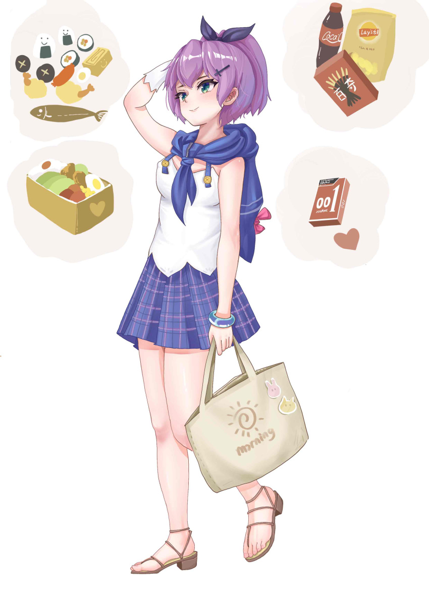 1girl absurdres azur_lane bag blouse blue_hood chips closed_mouth coca-cola commentary_request condom condom_wrapper food green_eyes hair_ornament hair_ribbon hairclip hand_on_own_head heart highres holding holding_bag javelin_(azur_lane) medium_hair plaid pleated_skirt pocky potato_chips purple_hair purple_ribbon purple_skirt ribbon shirt sitting skirt sushi user_amwr7828 white_background white_shirt wide_ponytail
